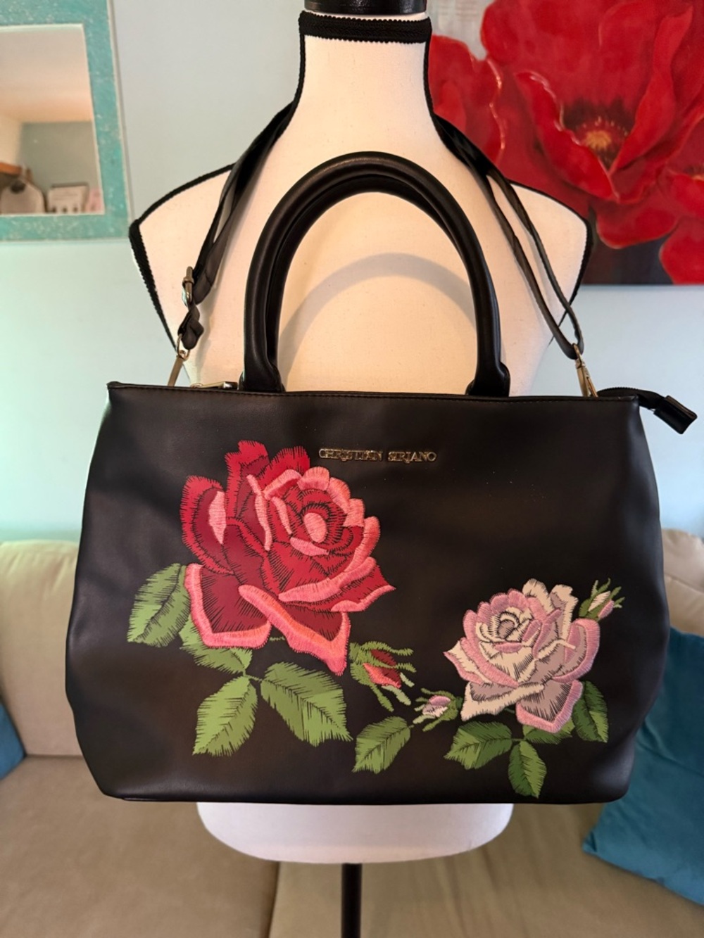 Christian Siriano For Payless Black Faux Leather Floral Rose Embroidered Tote